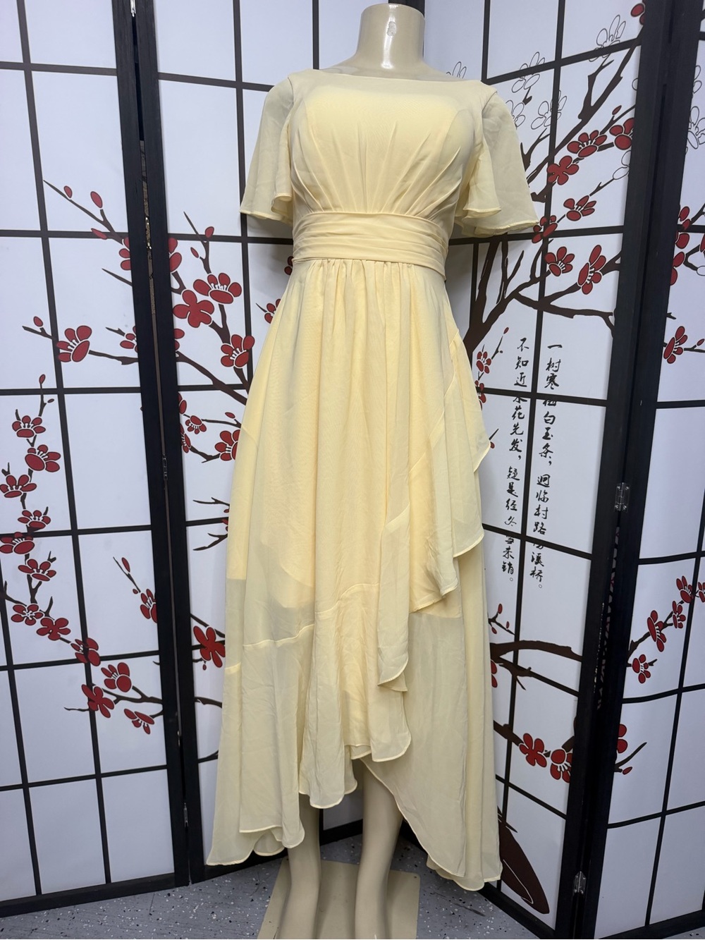 Pale Yellow High-Low Flutter Sleeve Dress